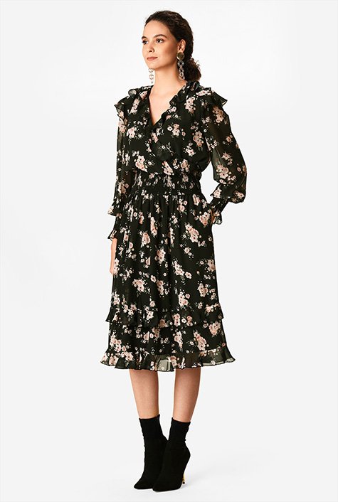 Shop Ruffle surplice floral print georgette dress | eShakti