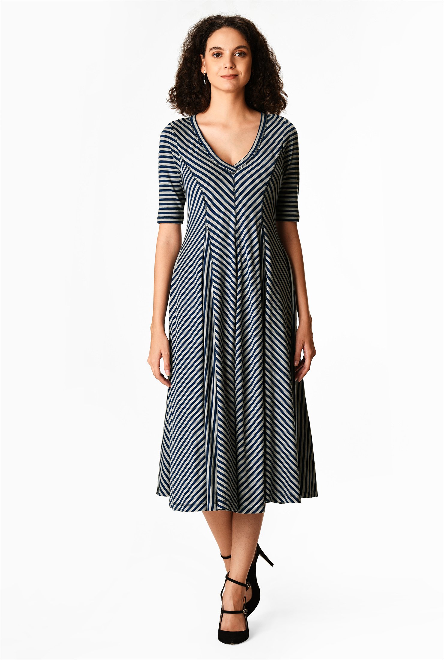 Shop Stripe cotton knit godet dress | eShakti