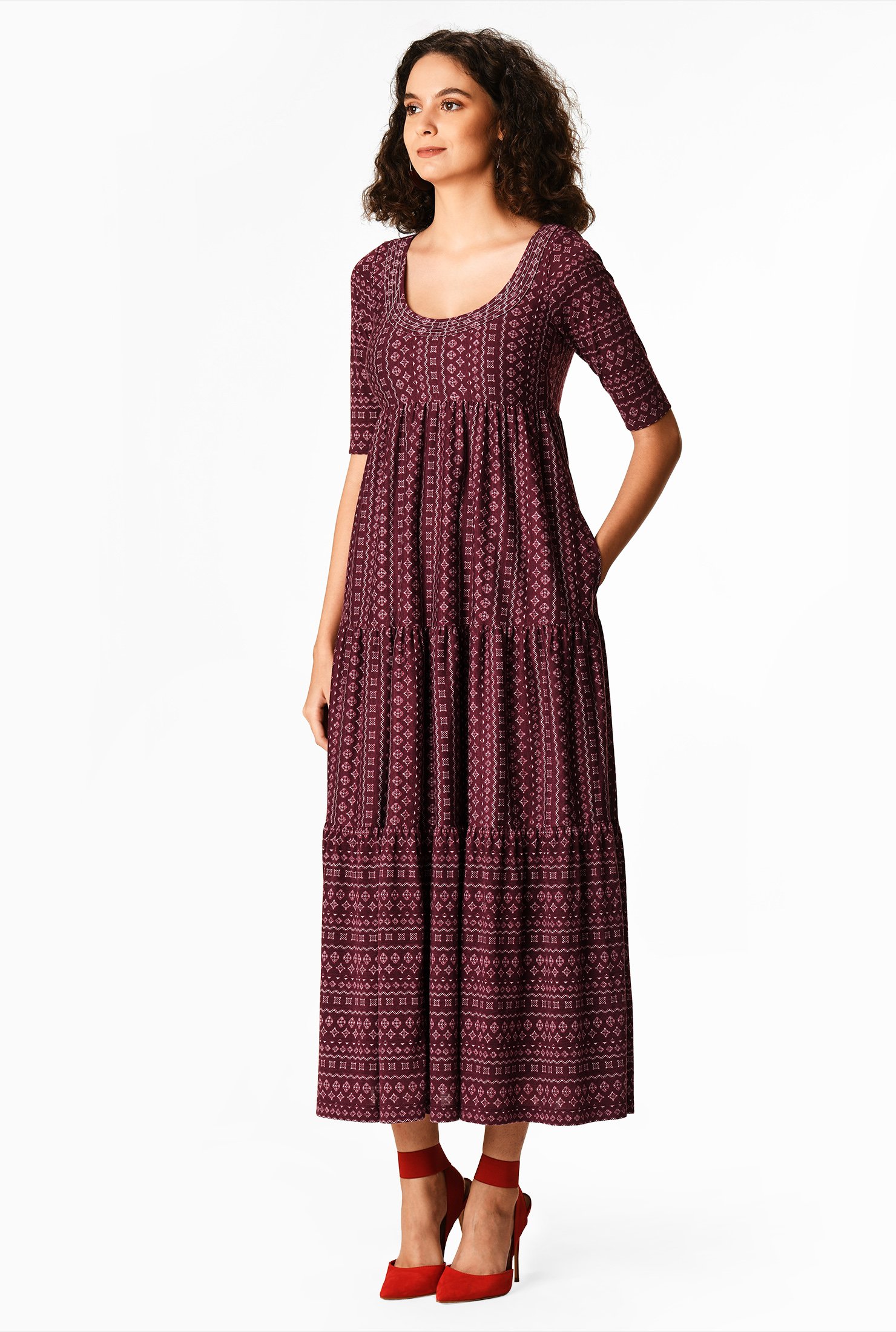 Shop Graphic print cotton knit empire tiered dress | eShakti