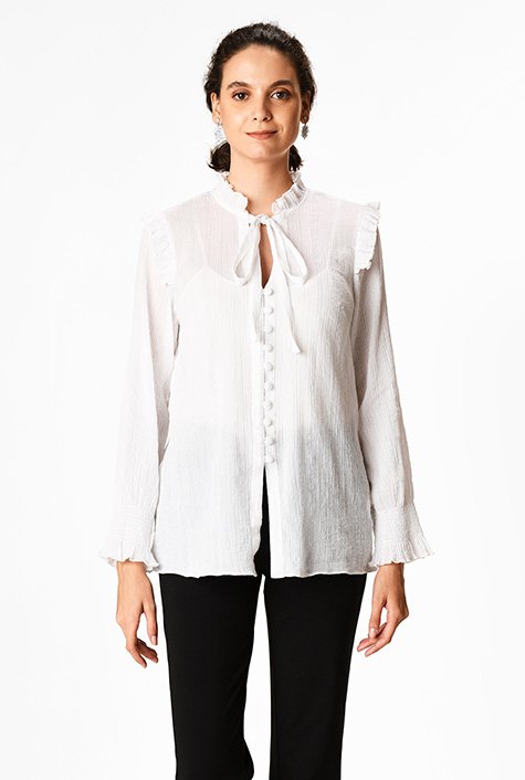 Shop Ruffle lurex stripe cotton gauze blouse | eShakti