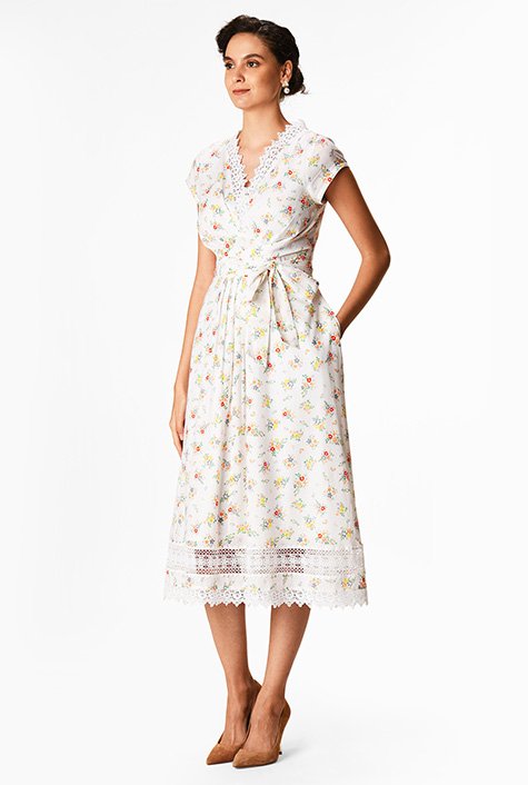 Shop Scallop lace trim floral print cotton empire dress | eShakti