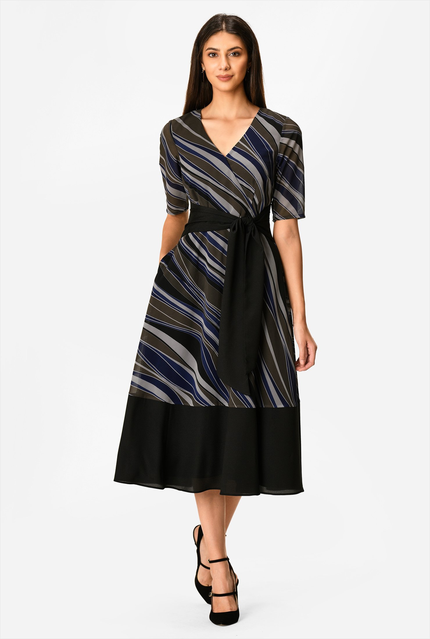 Shop Asymmetric stripe print georgette sash tie dress | eShakti