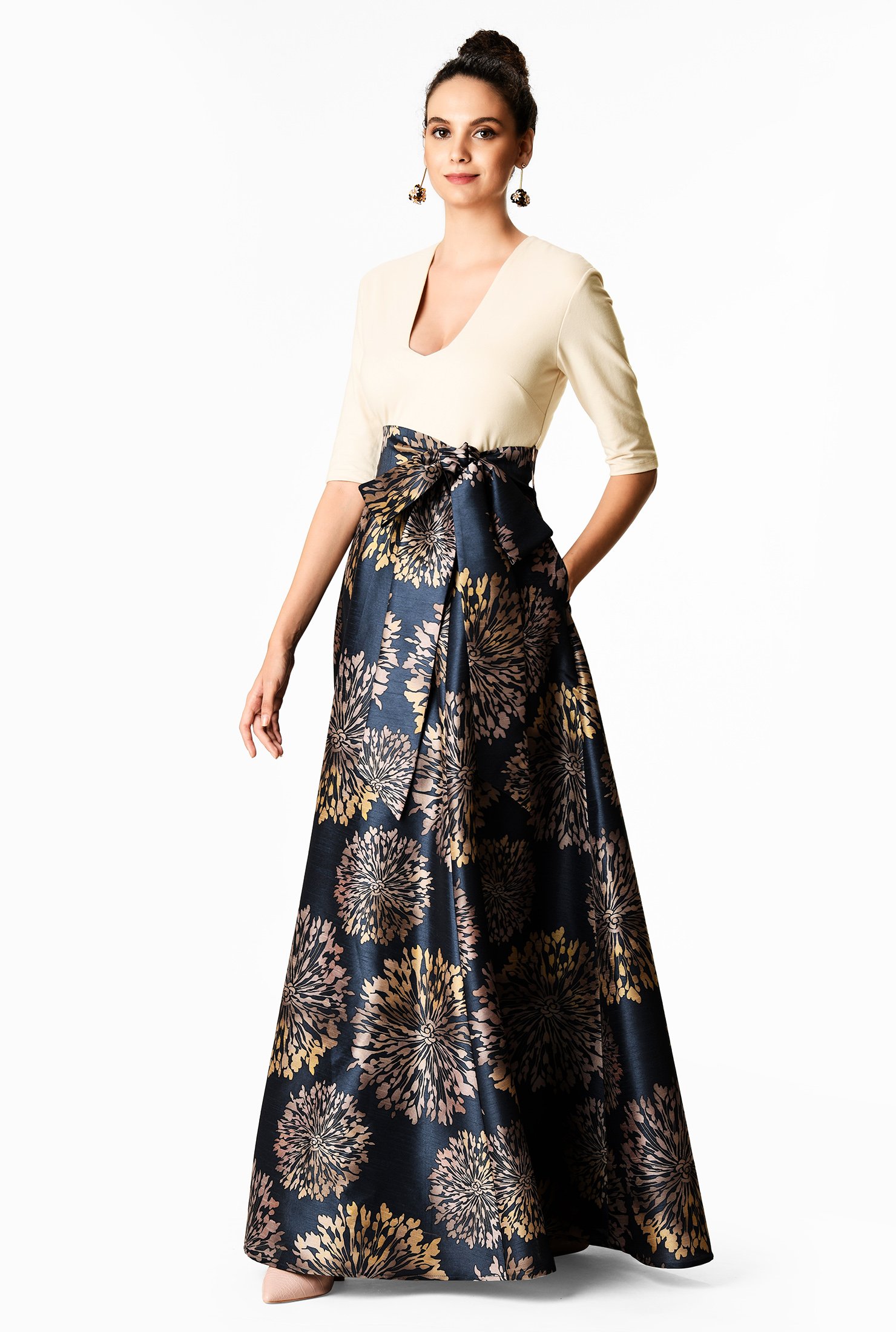 Shop Floral print dupioni and cotton knit maxi dress | eShakti