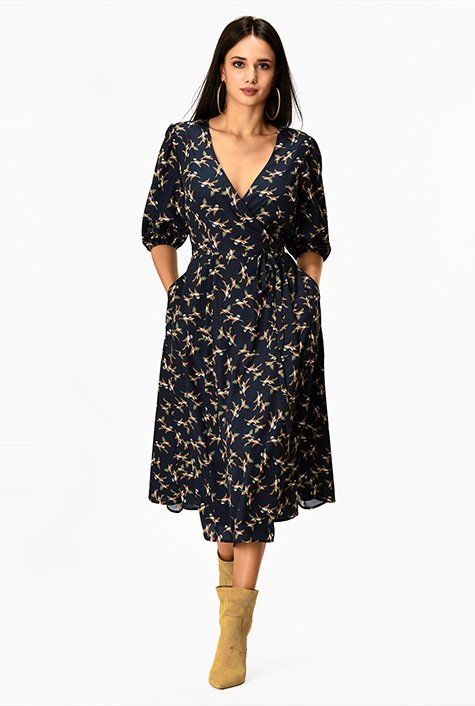 Shop Bird print crepe wrap dress | eShakti