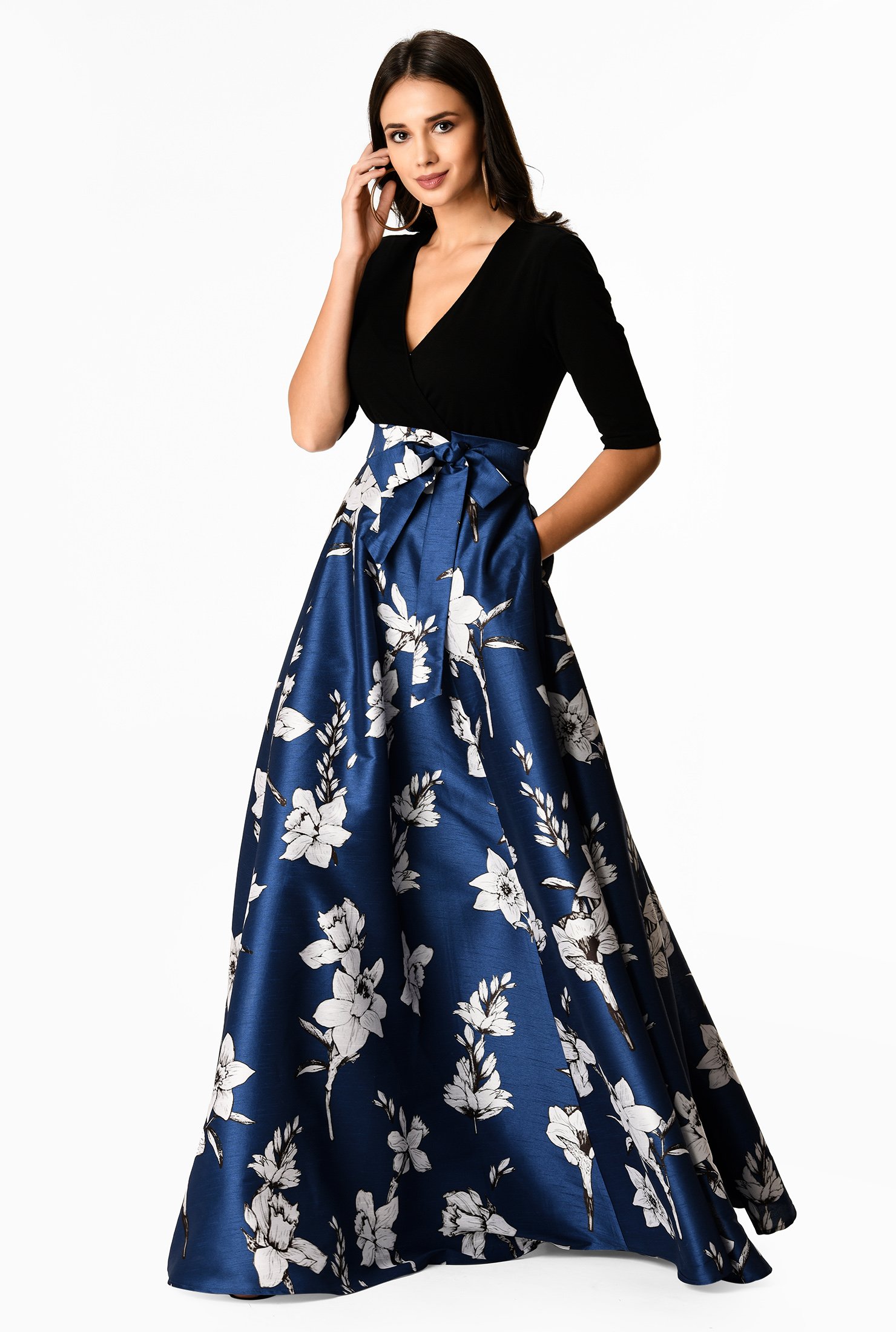 Shop Floral print mixed media surplice maxi dress | eShakti