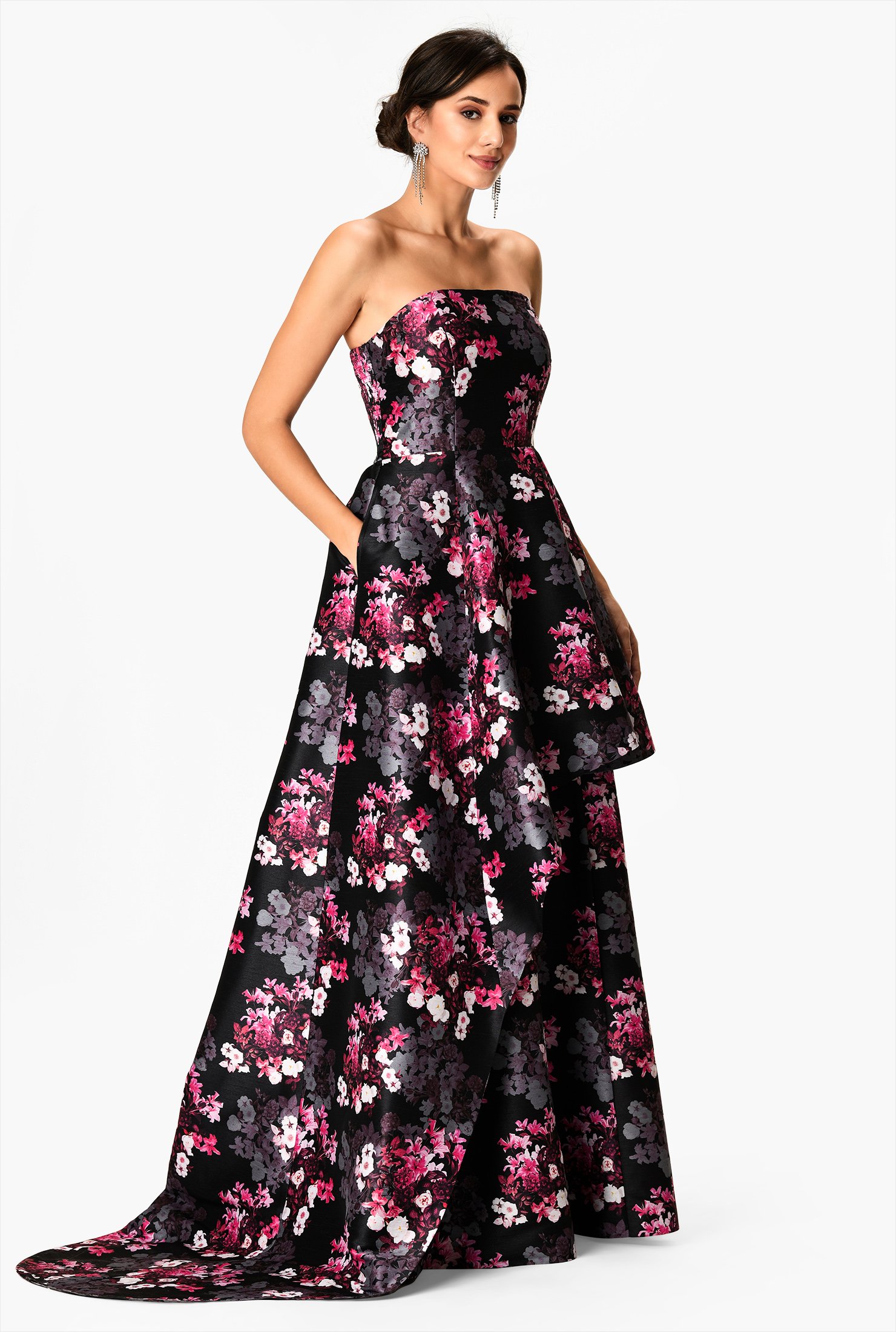 Shop Asymmetric Flounce Floral Print Dupioni Strapless Dress Eshakti 6828