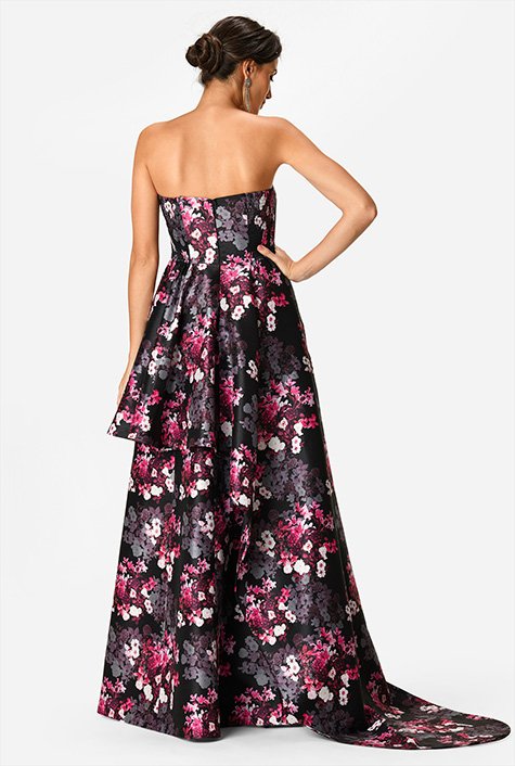 Shop Asymmetric flounce floral print dupioni strapless dress | eShakti