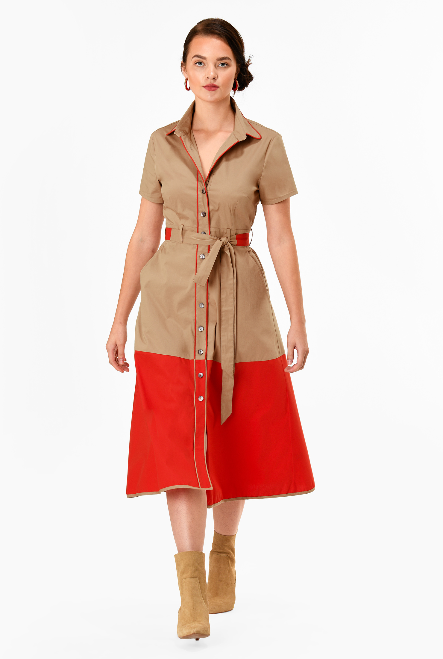 Shop Colorblock tie waist cotton poplin shirtdress eShakti