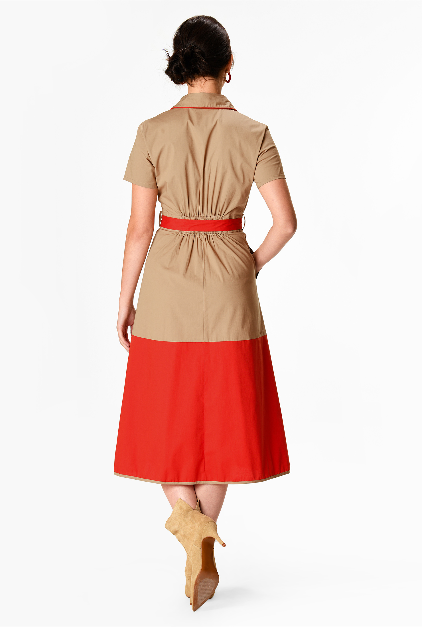 Shop Colorblock tie waist cotton poplin shirtdress eShakti