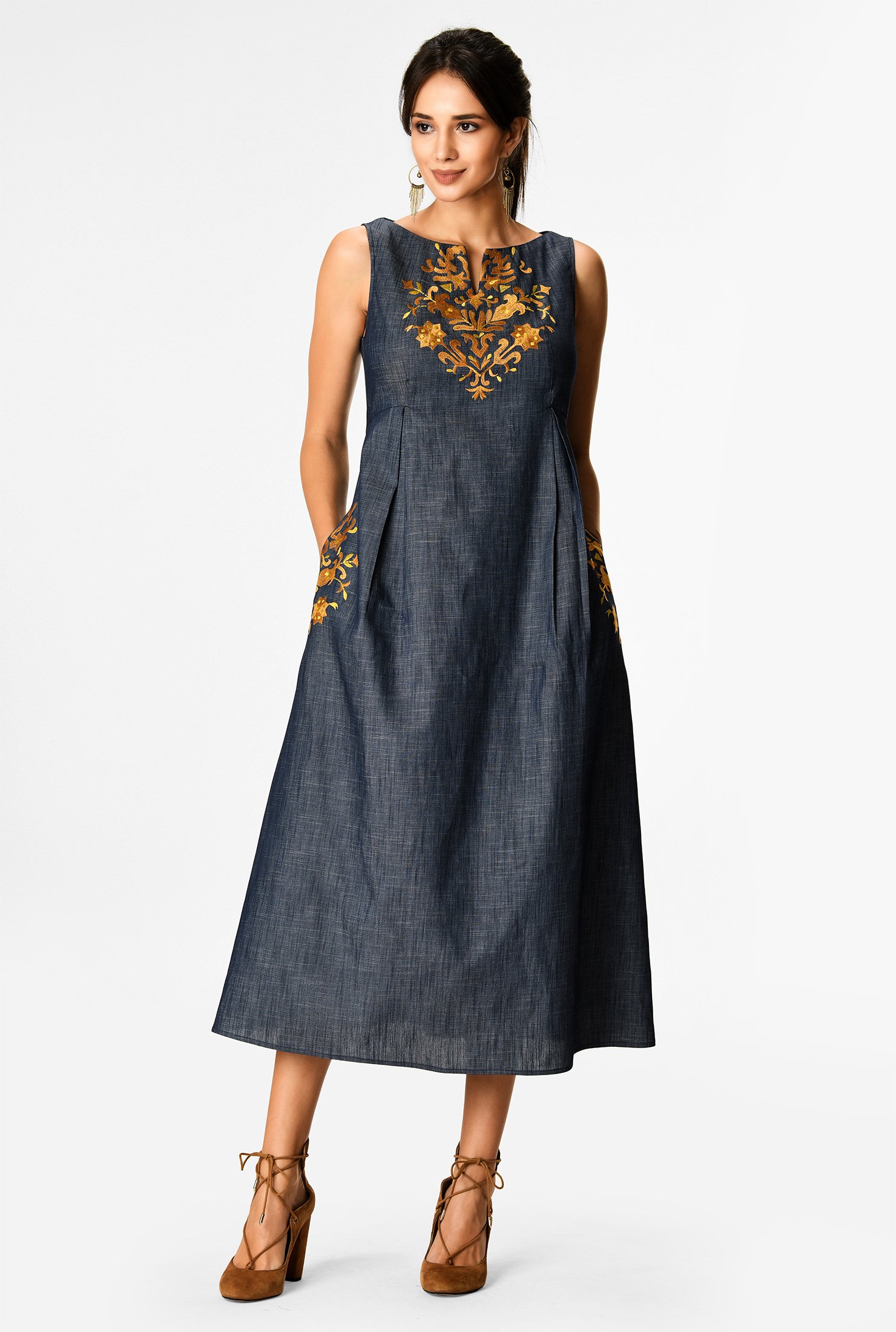 Shop Floral embellished empire cotton chambray dress | eShakti