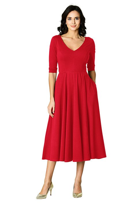 Our cotton jersey knit dress is styled with a low V-neckline, princess seamed bodice and full flared skirt for classic fit-and-flare flattery.