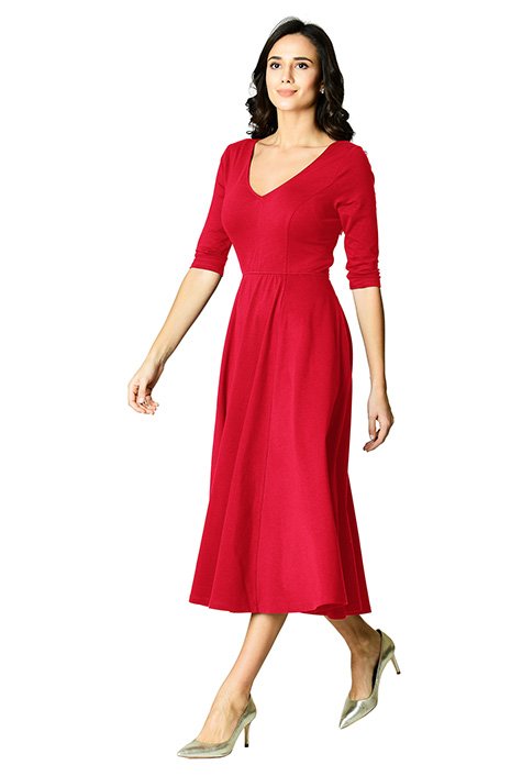 Our cotton jersey knit dress is styled with a low V-neckline, princess seamed bodice and full flared skirt for classic fit-and-flare flattery.