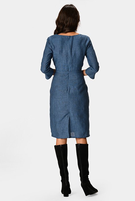 Split neck cotton chambray sheath belted dress