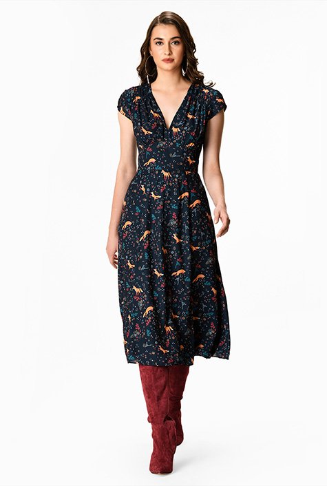 Fox floral print crepe banded empire dress