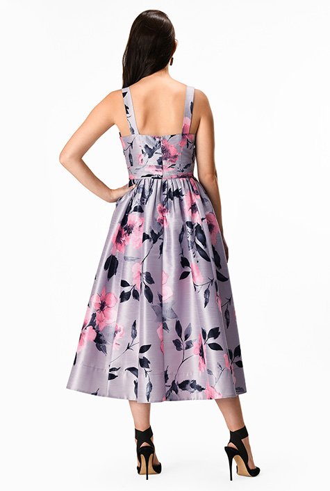 Shop Floral print dupioni trapunto waist dress | eShakti