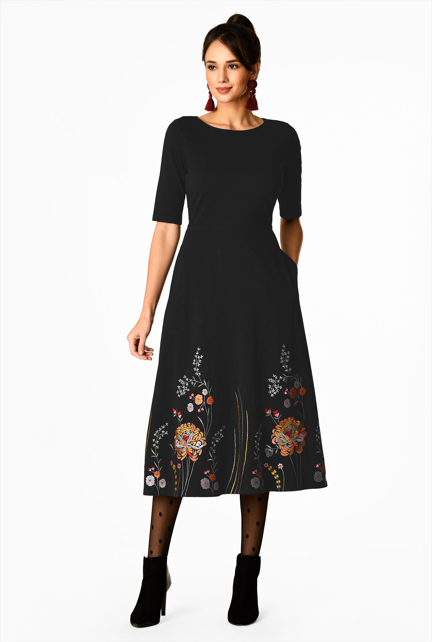 Shop Floral embroidered cotton knit dress | eShakti