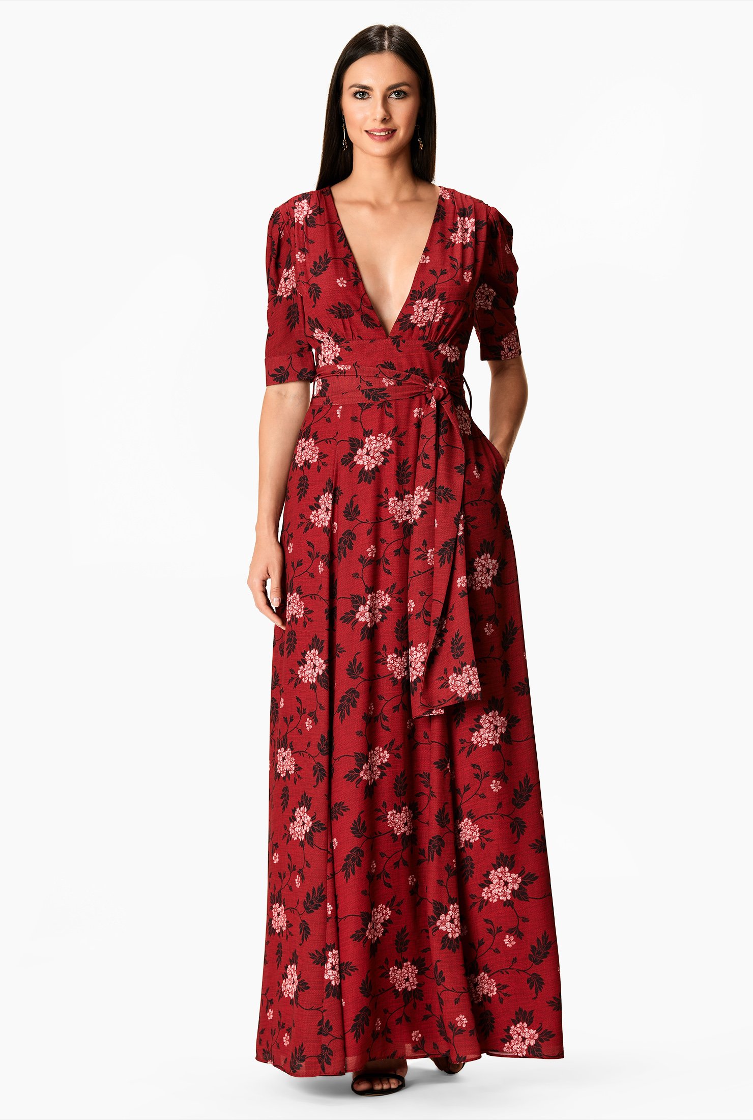 Shop Floral print crepe banded empire maxi dress | eShakti