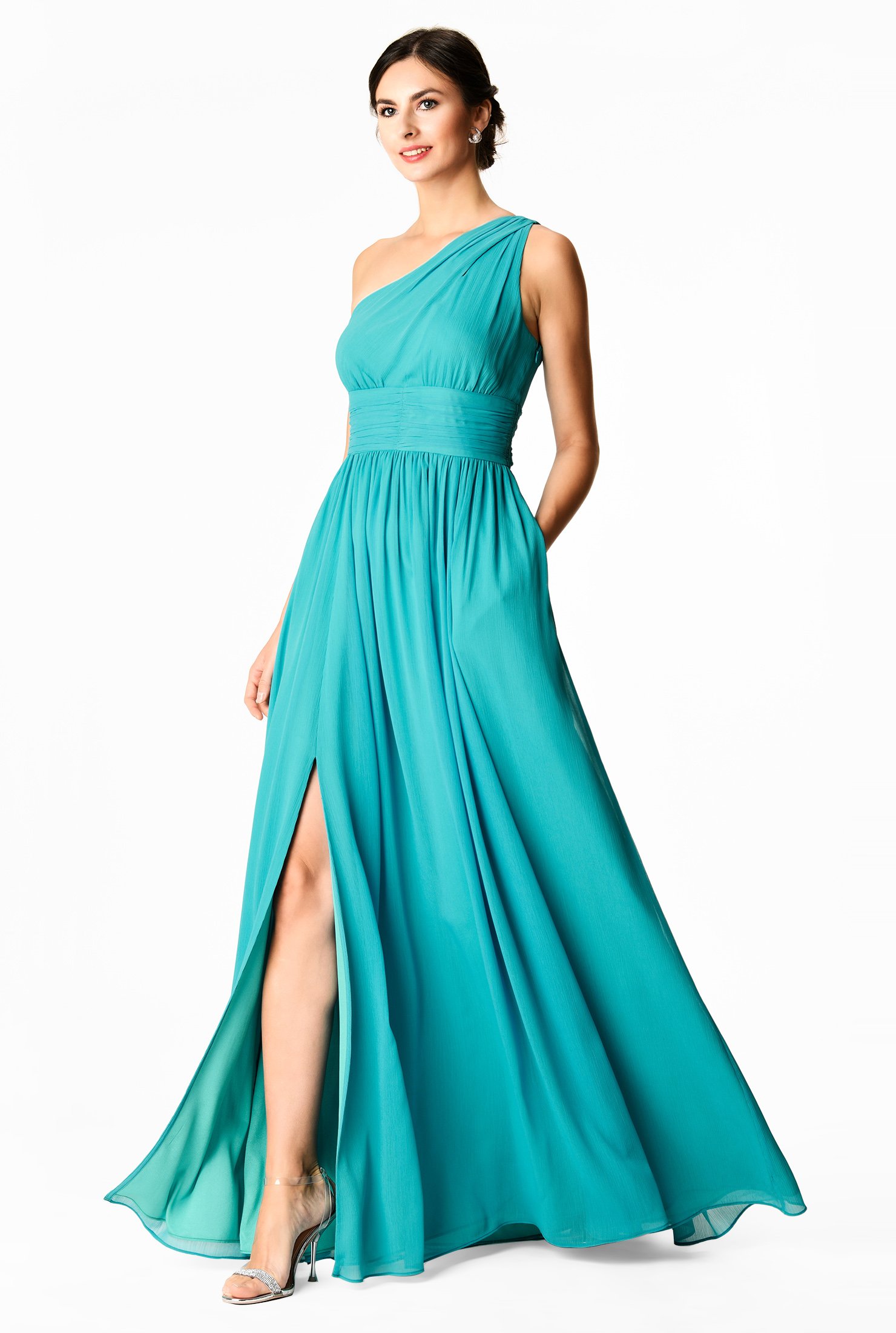 Shop One Shoulder Ruched Chiffon Maxi Dress Eshakti