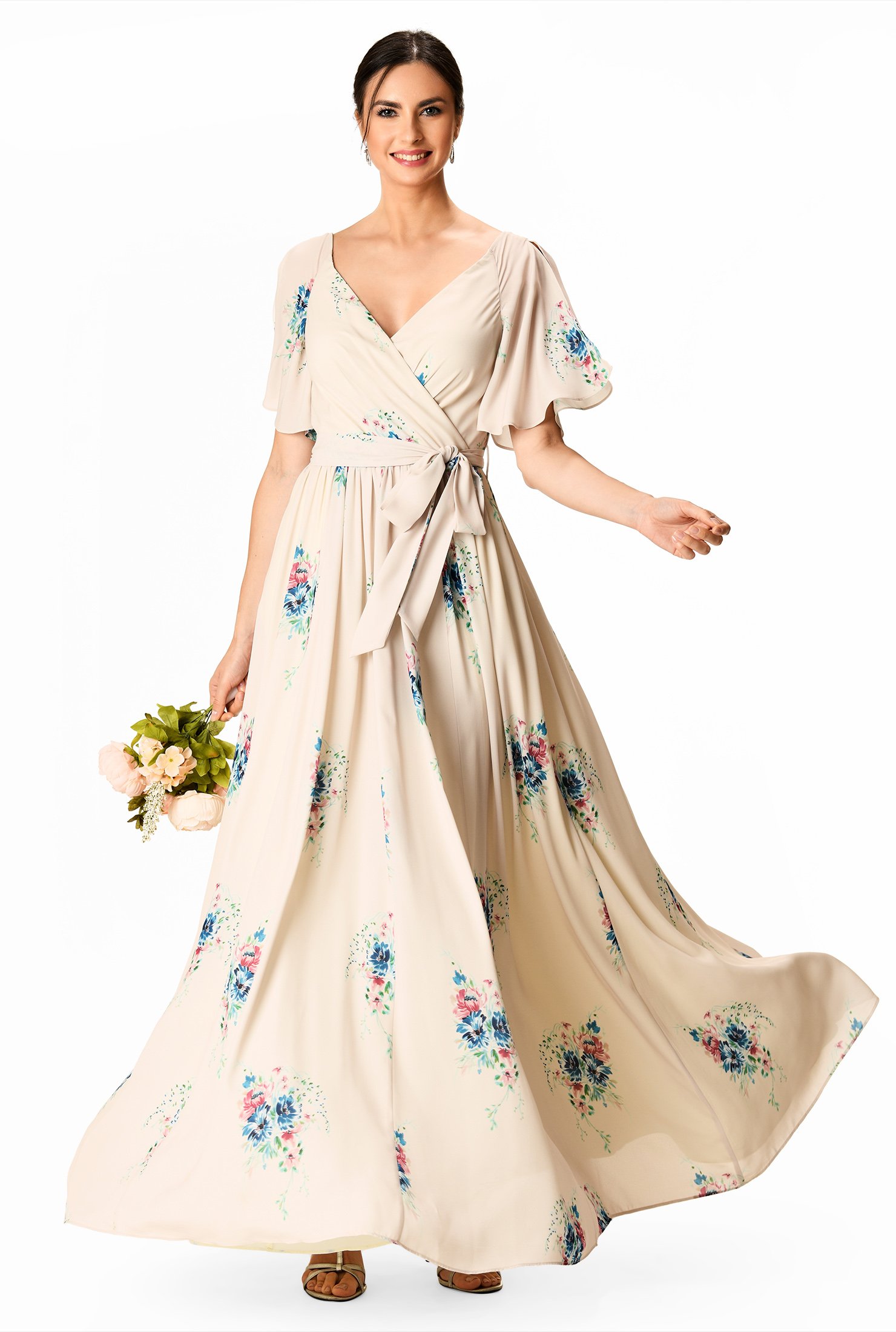 Shop Floral print crepe surplice maxi dress | eShakti