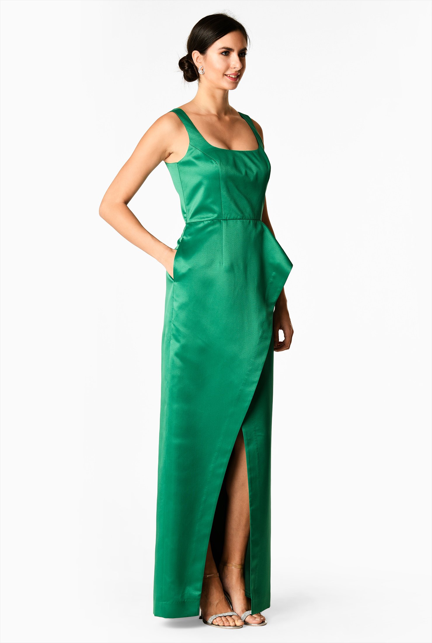 Shop Asymmetric drape front satin maxi dress | eShakti