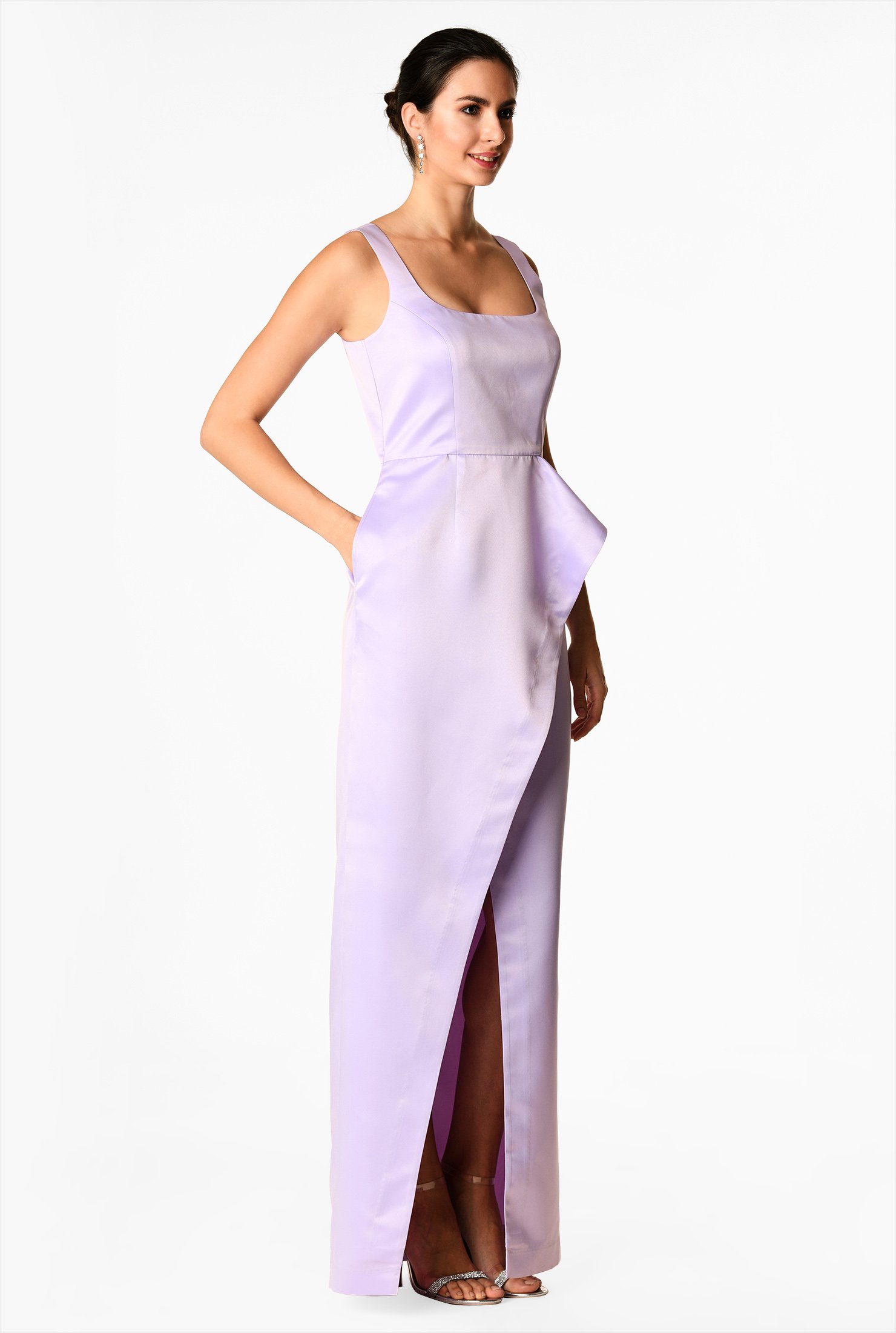 A-line styling sculpts flattering shape in our satin dress detailed with a square neck and a ruffle drape front which angles down the skirt for a flirty show of leg.