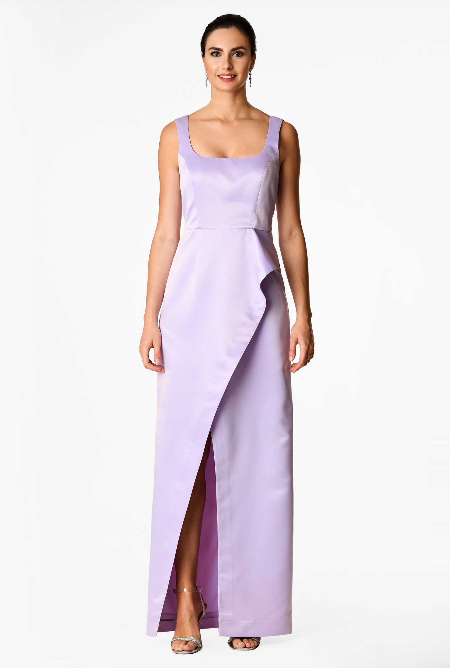 A-line styling sculpts flattering shape in our satin dress detailed with a square neck and a ruffle drape front which angles down the skirt for a flirty show of leg.
