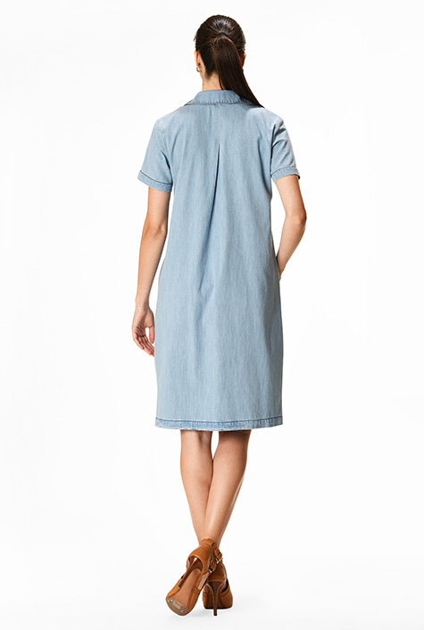 Shop Lace-up front cotton denim shift dress eShakti