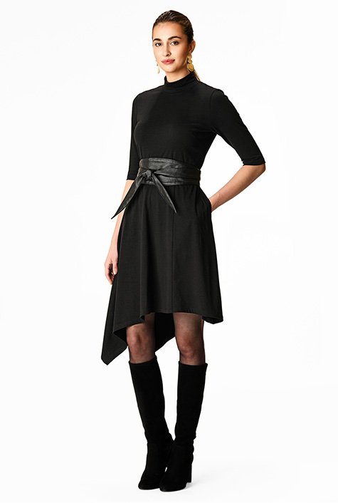 Shop Asymmetric hem cotton knit obi belt dress | eShakti
