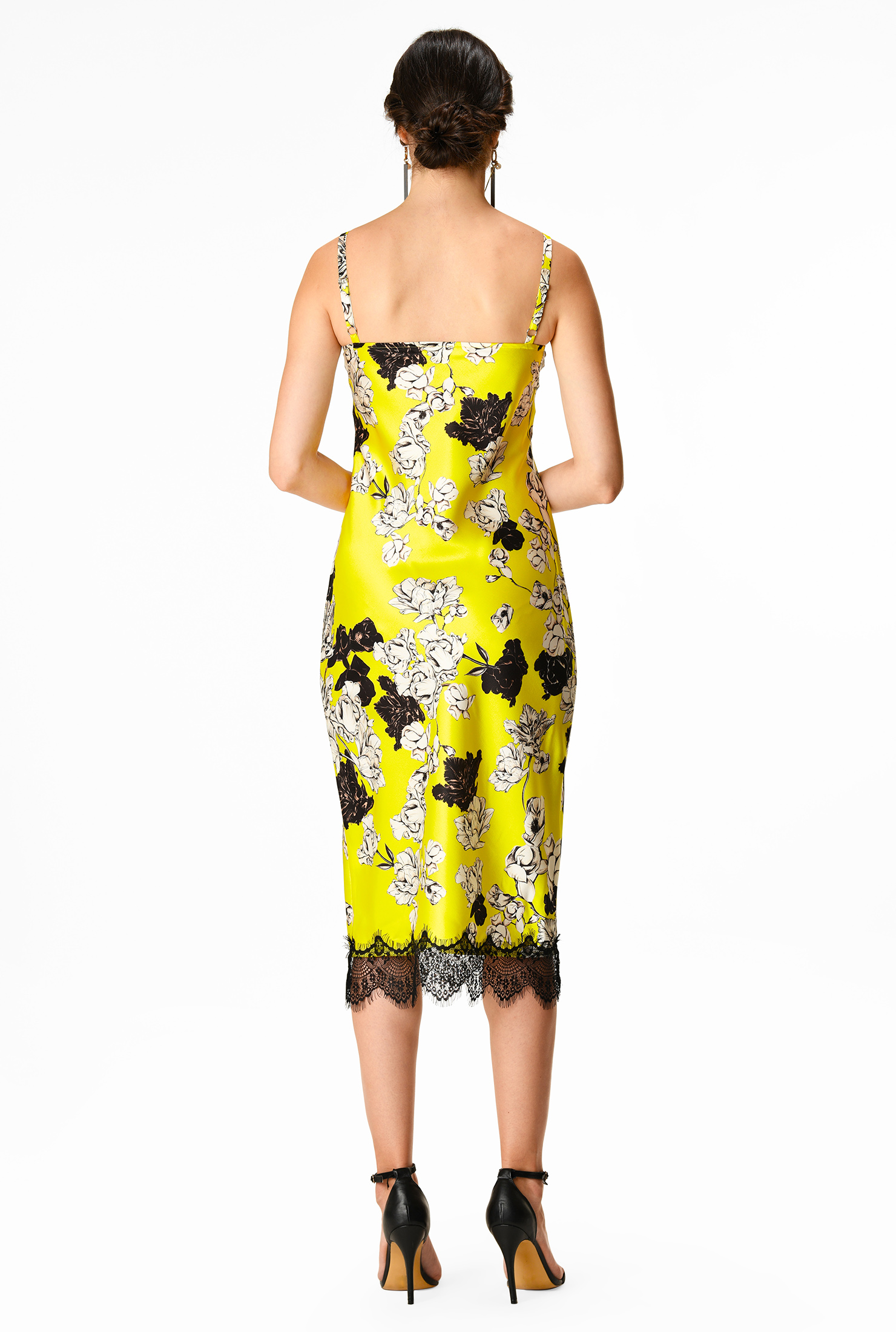 Shop Scallop lace trim floral print satin slip dress eShakti