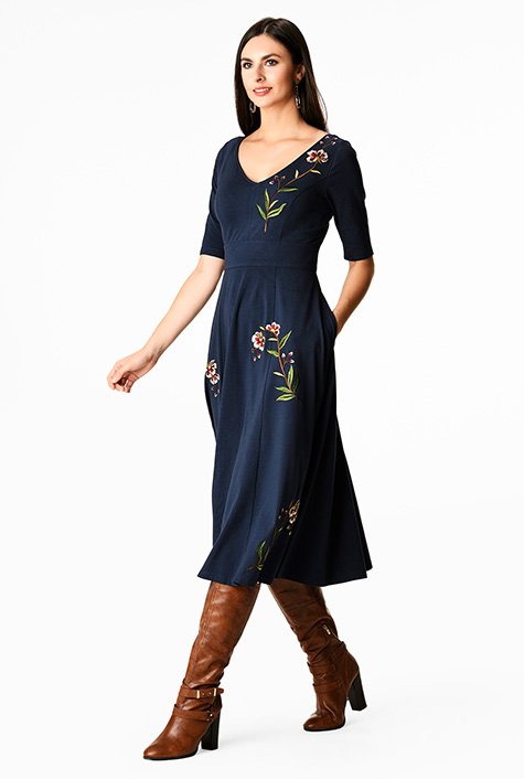 Knit Dress - Black/floral - Ladies