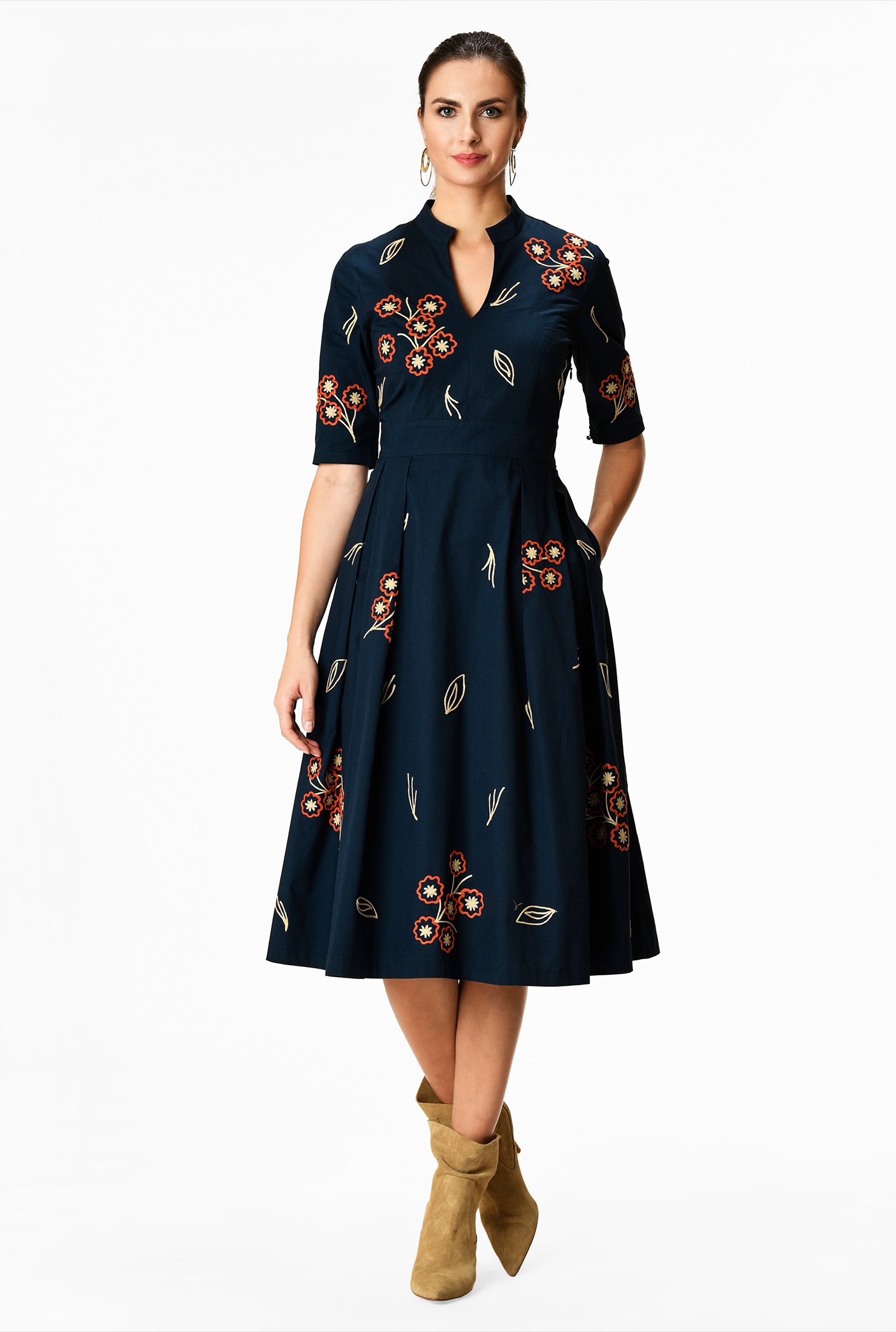 Shop Floral wool embellished cotton poplin dress | eShakti