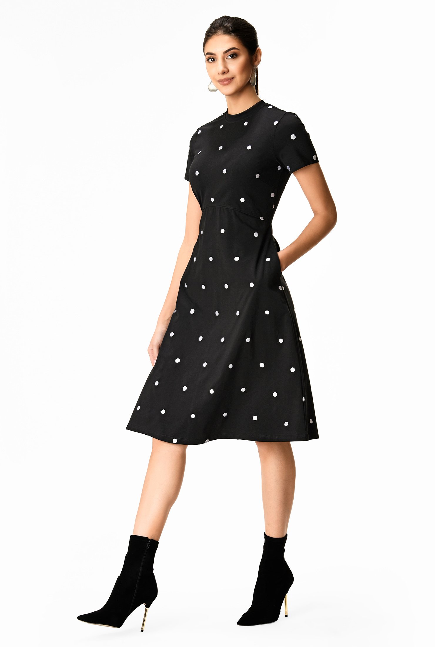 Shop Polka dot embellished cotton knit dress eShakti