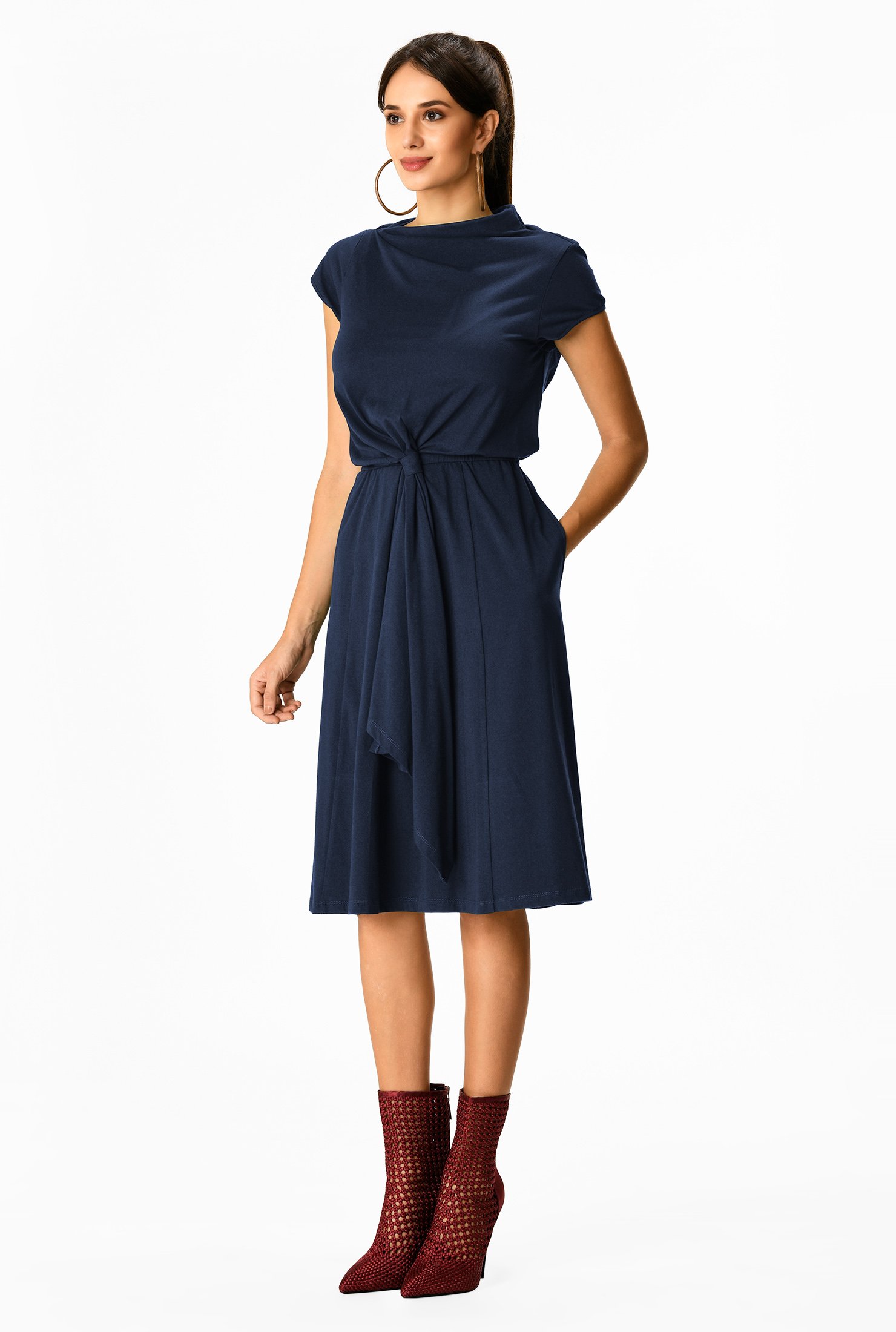 Shop Tie waist cotton knit dress eShakti