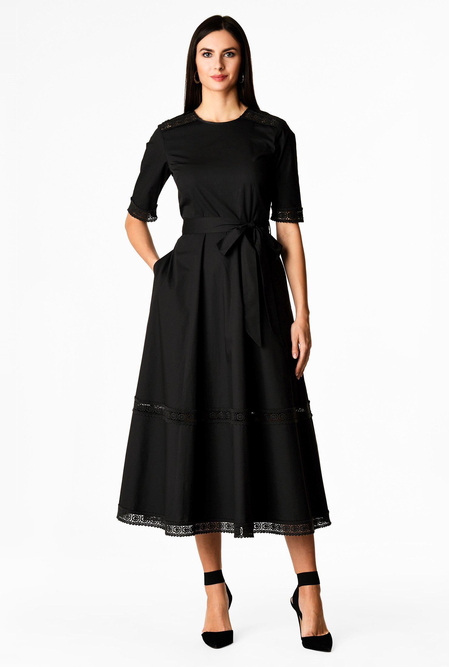 Shop Lace Trim Poplin Midi Dress | EShakti