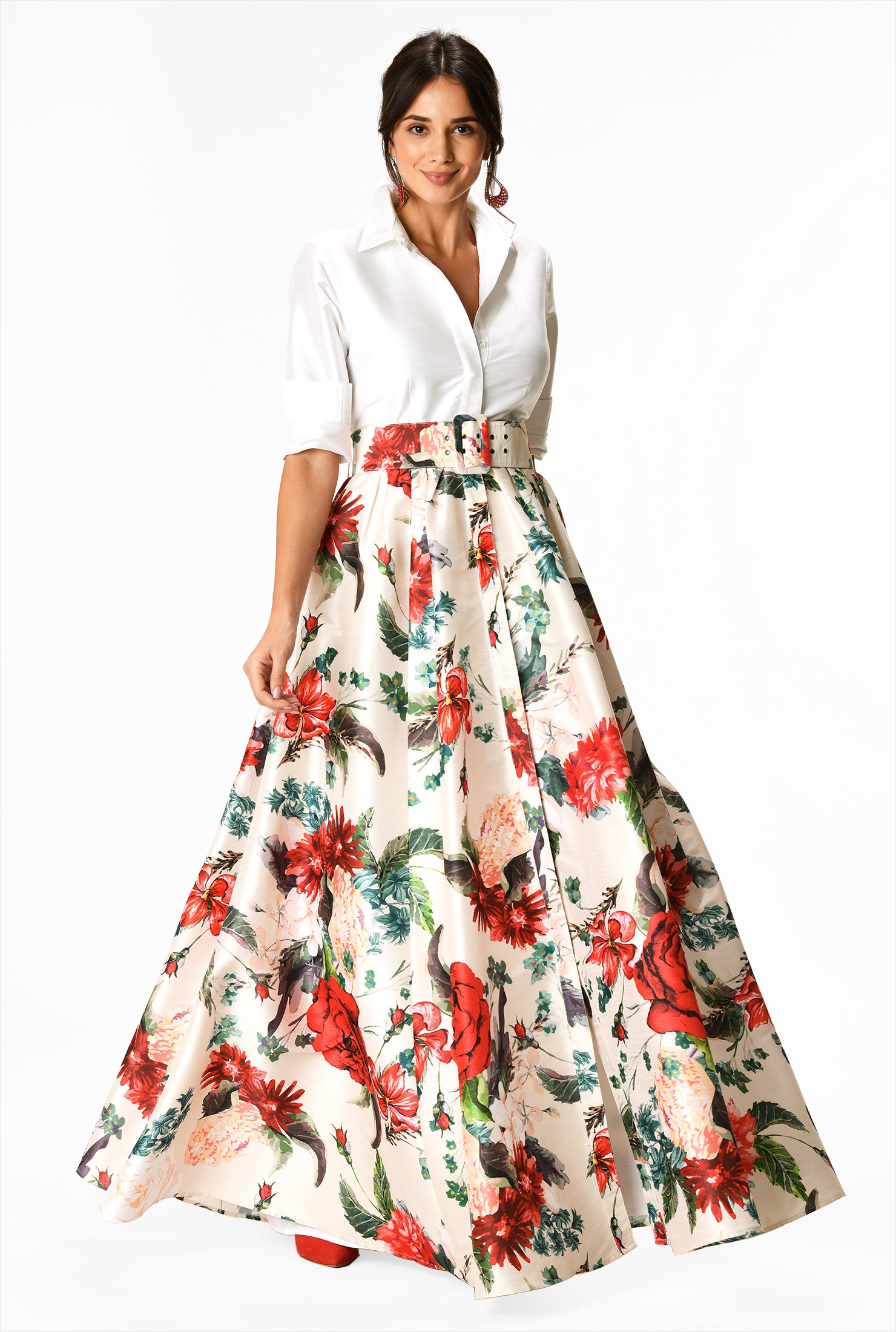 Shop Floral print dupioni maxi shirtdress | eShakti