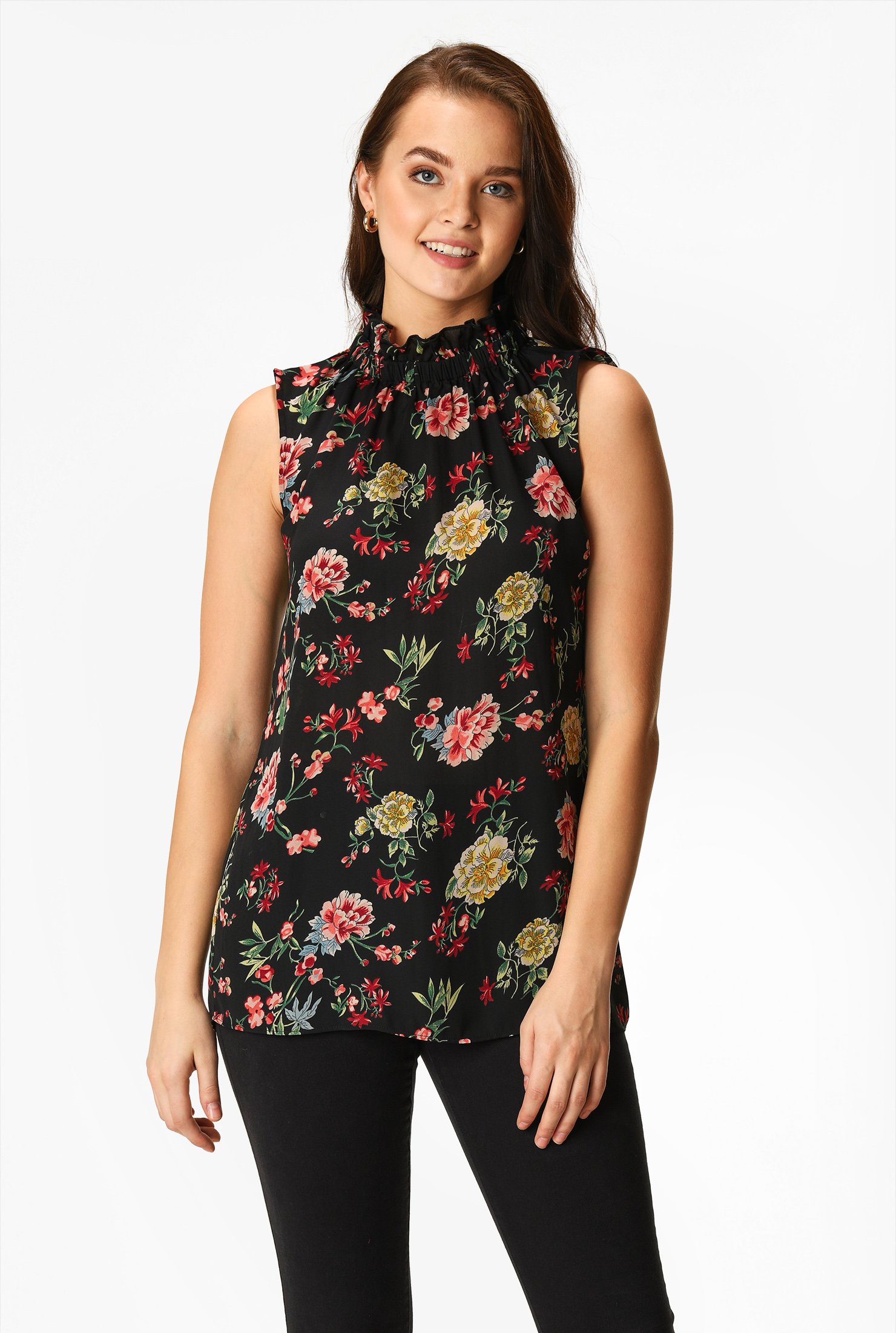 Shop Smocked ruffle neck floral print georgette top | eShakti