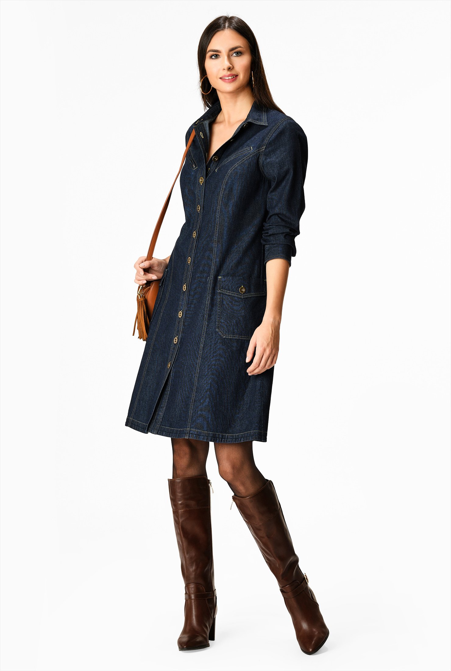 Shop Deep Indigo Cotton Denim Shift Shirtdress Eshakti