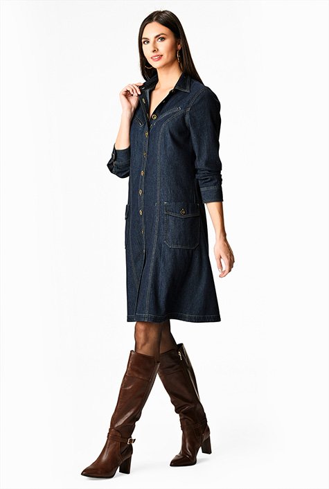 Shop Deep Indigo Cotton Denim Shift Shirtdress Eshakti