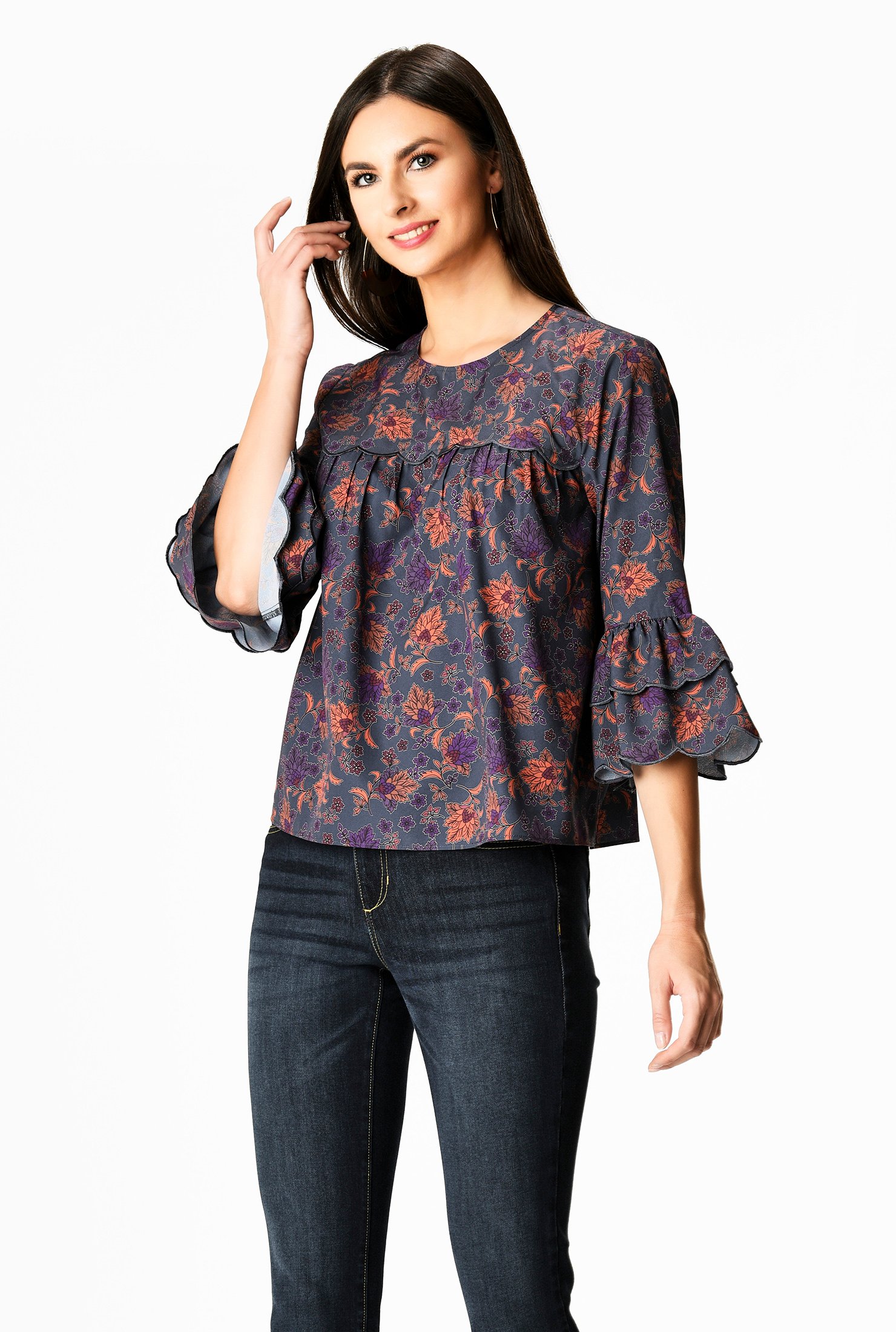 Shop Ruffle scallop floral print matte crepe blouse | eShakti