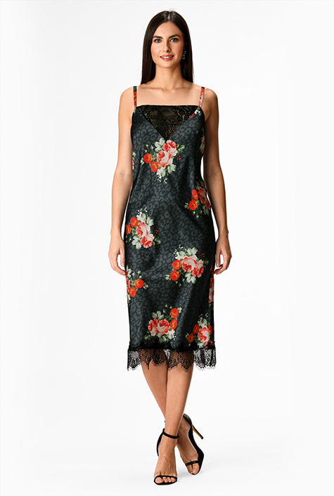 Shop Scallop lace trim floral and animal print satin slip dress