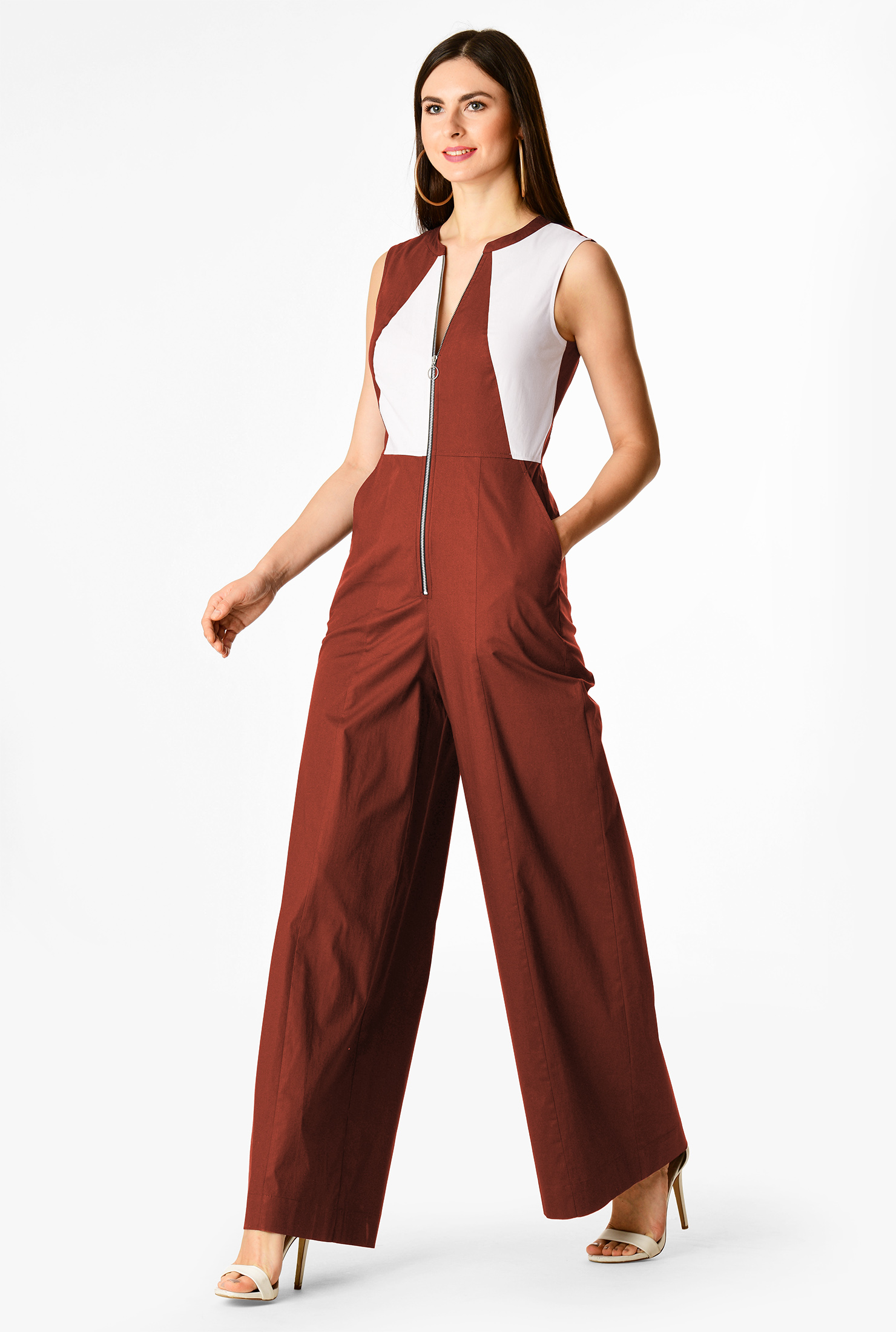 Shop Zip front colorblock poplin jumpsuit eShakti