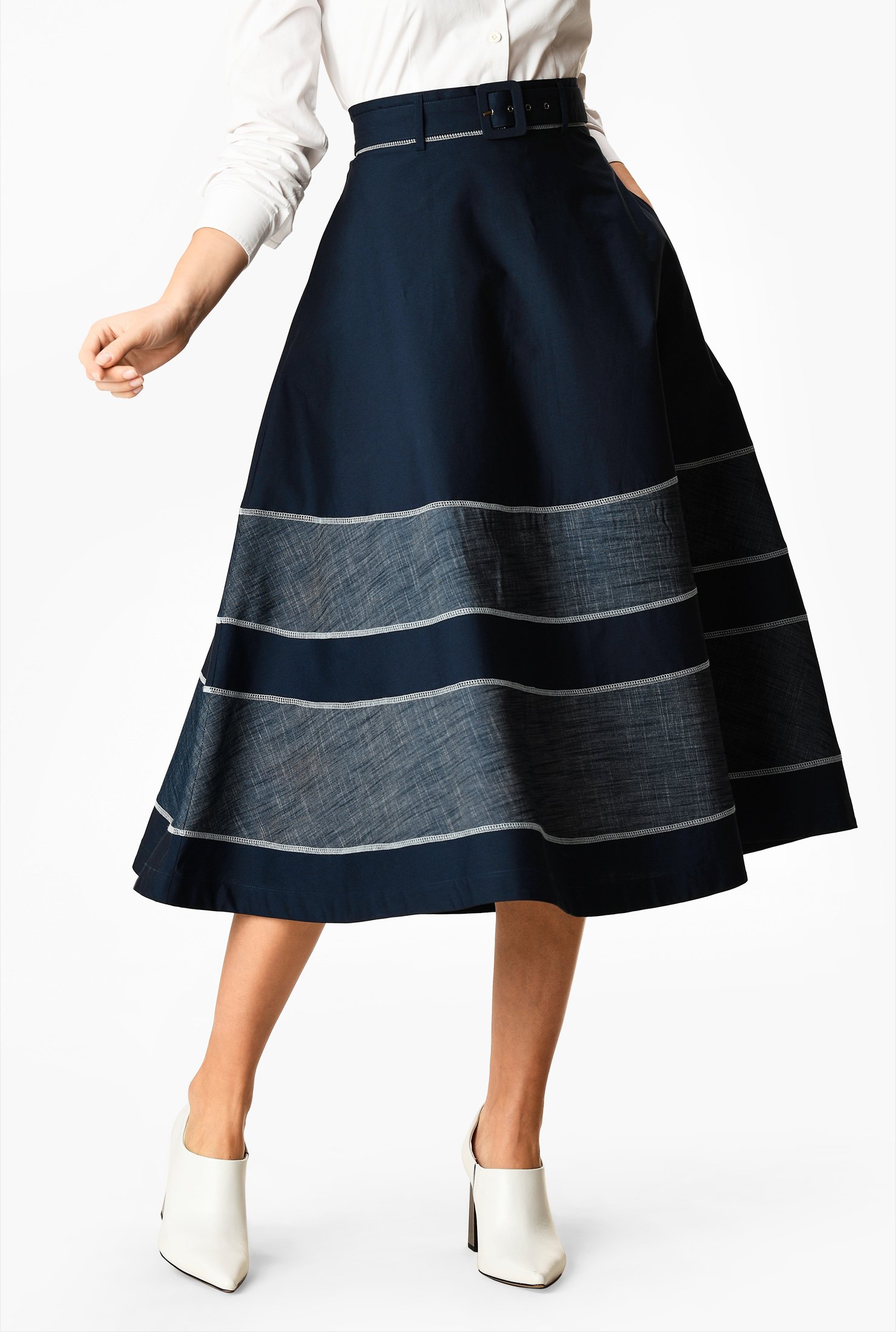 Shop Banded chambray stripe cotton poplin skirt | eShakti