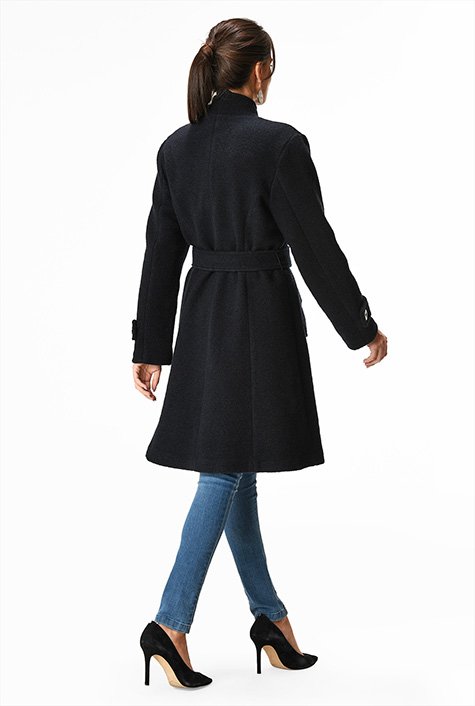 Wrap front wool blend sash tie coat