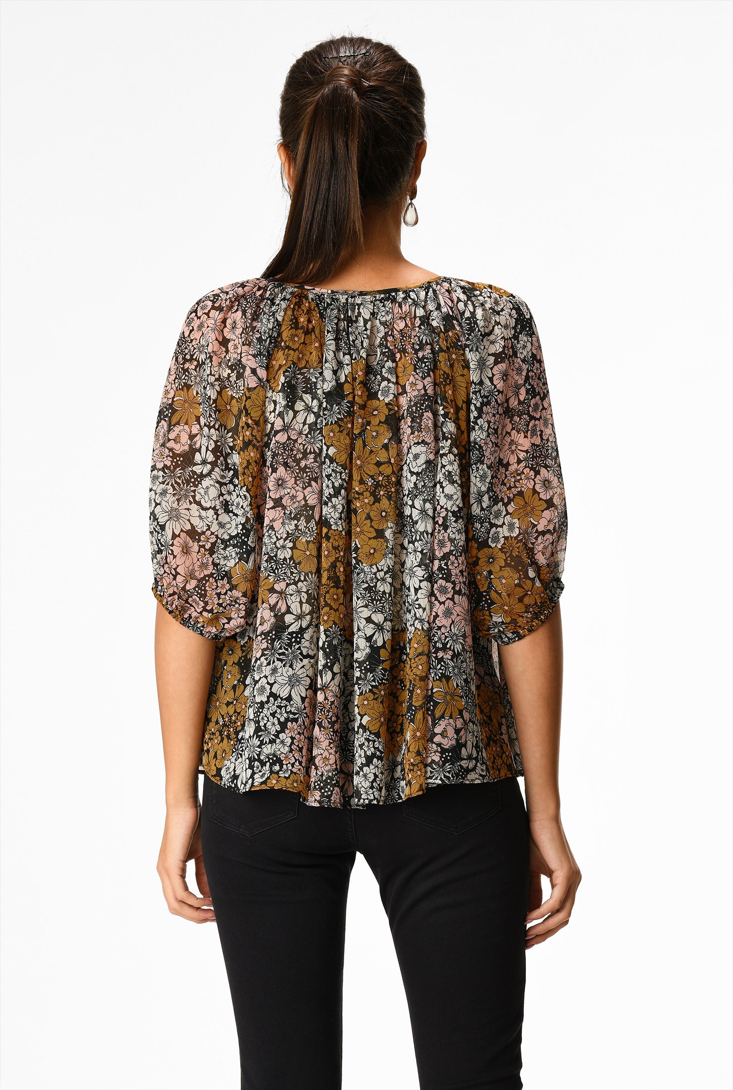 Shop Ribbon tie front floral print chiffon top | eShakti