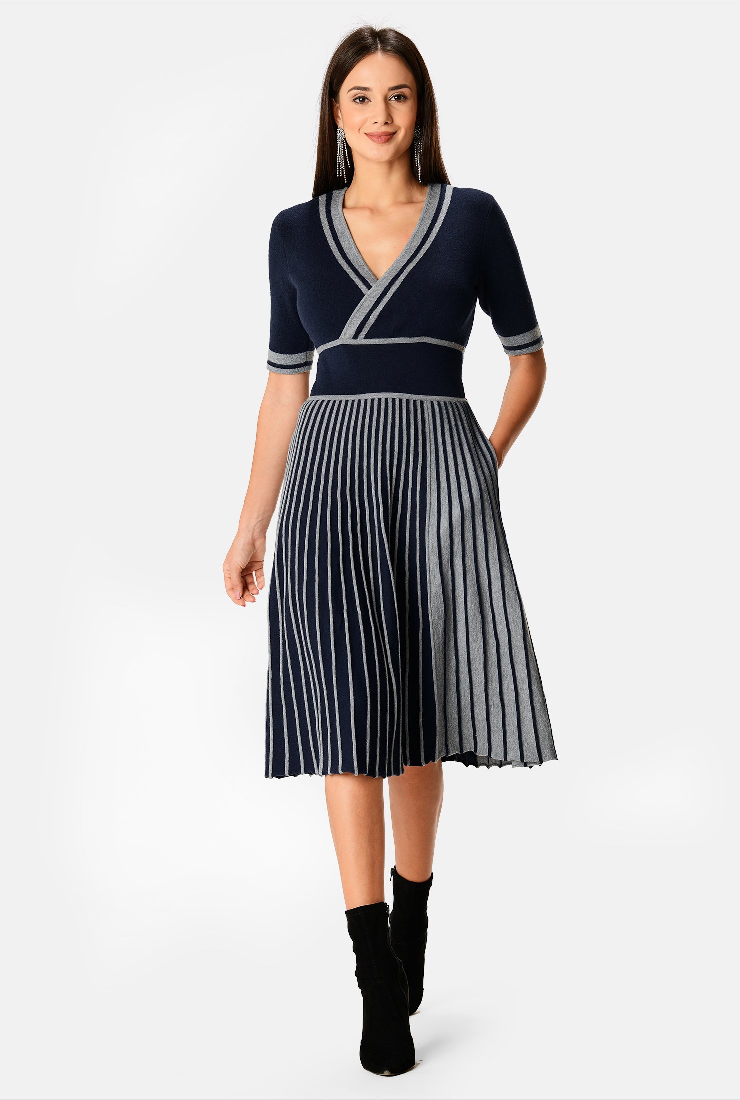 Shop Colorblock rib stripe surplice sweater dress | eShakti
