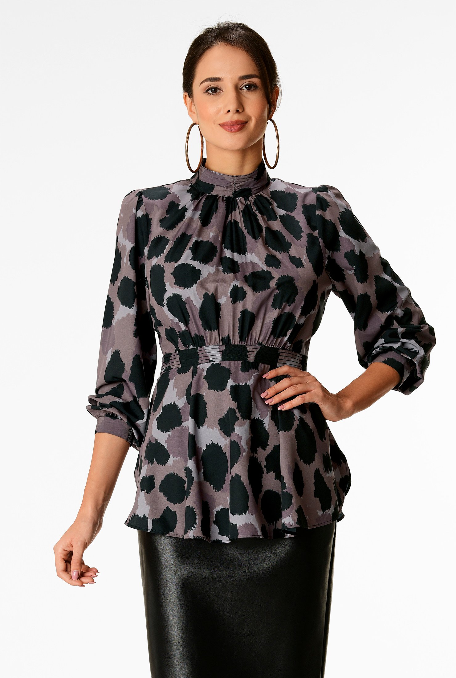 Shop Ruched animal print matte crepe peplum blouse | eShakti