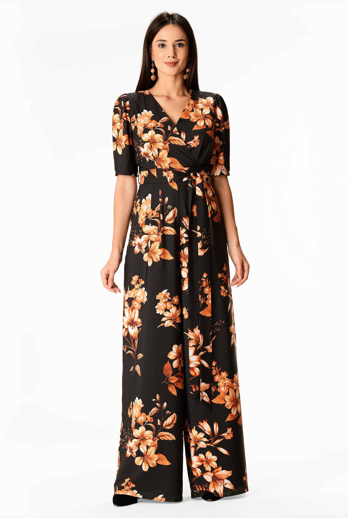 Shop Floral print matte crepe surplice jumpsuit eShakti