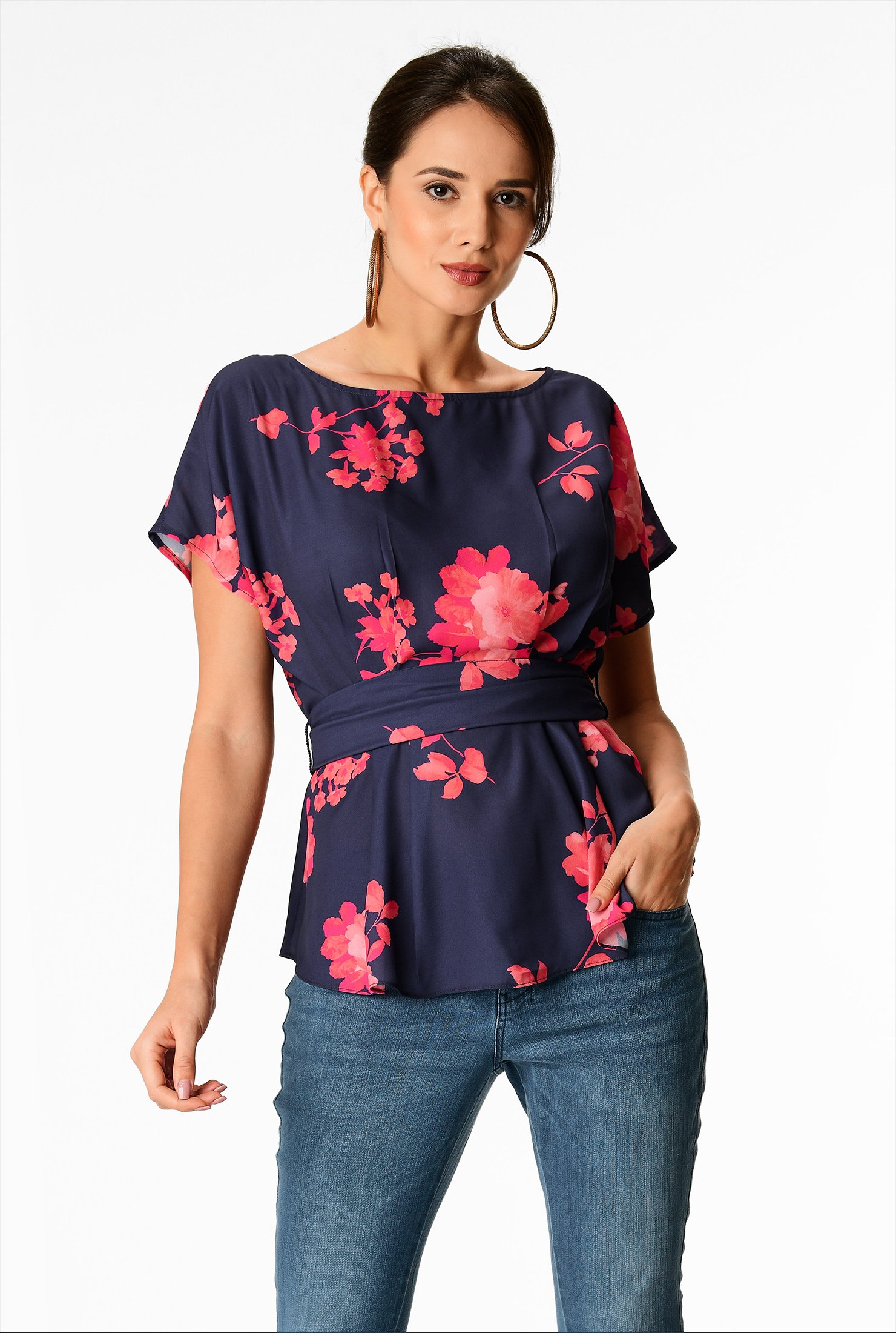 Shop Floral Print Crepe Sash Waist Blouse Eshakti 2409