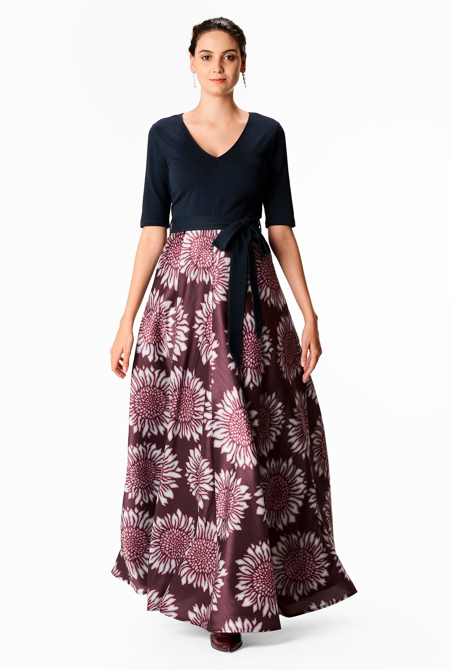Shop Floral print dupioni and cotton knit maxi dress | eShakti