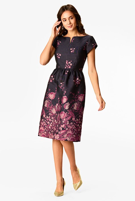 Floral jacquard rushed waist dress